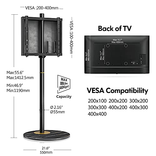 FITUEYES Design Corner TV Stand for 32"-65", Mid Century Modern Black TV Stand with Marble Textured Glass Base & Concealed Storage, Metal TV Stand Decor for Living Room, TV Floor Stand Master Series