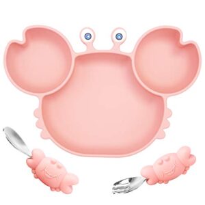 silicone suction plate for toddlers with fork spoon set - self feeding training divided plate dish and bowl for baby and toddler, fits for most highchairs trays (pink)