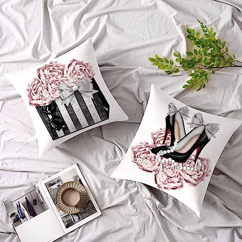 FCOZM Pink Gray Throw Pillow Covers Couch Bed Decorative Pillow Covers Fashion Handbag High Heels Flower Sofa Pillow Covers 18x18 Women Teen Girls Room Decor Soft Velvet Square Pillow Cases Set of 2