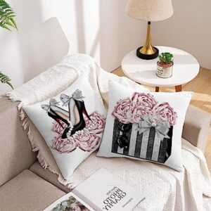 FCOZM Pink Gray Throw Pillow Covers Couch Bed Decorative Pillow Covers Fashion Handbag High Heels Flower Sofa Pillow Covers 18x18 Women Teen Girls Room Decor Soft Velvet Square Pillow Cases Set of 2