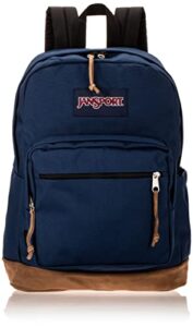 jansport right pack backpack - travel, work, or laptop bookbag with leather bottom, navy