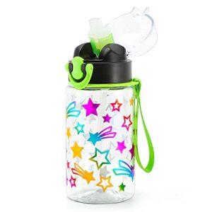 cute water bottle with straw for kids girls boys, bpa free tritan & pretty foil print & leak proof one click open flip top & soft silicone sipper & easy clean & soft carry loop, 15oz / 450ml (star)