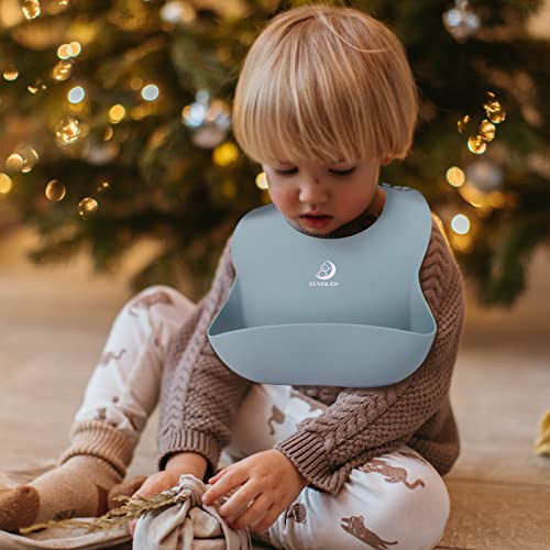 Bear&Joy Silicone Bibs for Babies, 2 Pack Baby Silicone Bibs, Soft Adjustable Fit Waterproof Bibs, Feeding Bibs with Food Catcher Pocket for Toddlers Girls Boys Kids