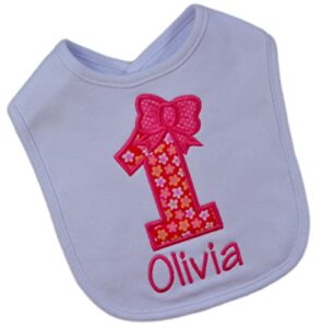first birthday smash bib for baby girl turning 1 with custom embroidered name (pink flowers)