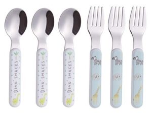 annova kids silverware 6 pieces stainless steel children's flatware set 3 x forks, 3 x dinner spoons plastic handle, toddler utensils without knives, for babies, infants bpa free - cute animals