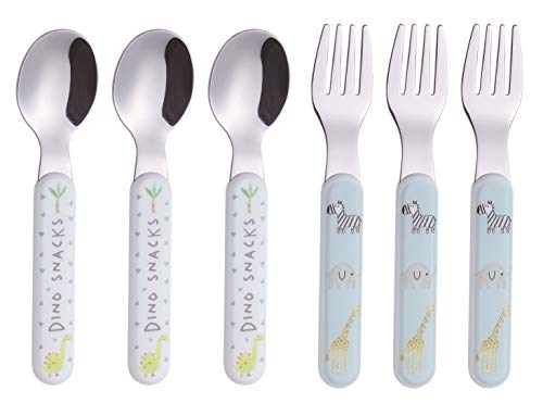 ANNOVA Kids Silverware 6 Pieces Stainless Steel Children's Flatware Set 3 x Forks, 3 x Dinner Spoons Plastic Handle, Toddler Utensils Without Knives, for Babies, Infants BPA Free - Cute Animals