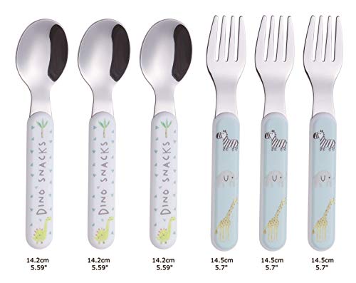 ANNOVA Kids Silverware 6 Pieces Stainless Steel Children's Flatware Set 3 x Forks, 3 x Dinner Spoons Plastic Handle, Toddler Utensils Without Knives, for Babies, Infants BPA Free - Cute Animals