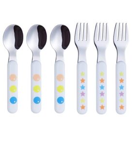 annova kids silverware 6 pieces stainless steel children's flatware set 3 x forks, 3 x dinner spoons plastic handle, toddler utensils without knives, for babies, infants bpa free - dots stars
