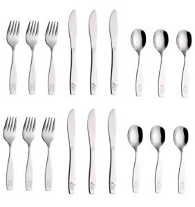 annova children's flatware 18 pieces set - stainless steel cutlery/silverware 6 x safe forks, 6 x dinner knife, 6 x dinner spoons - safe kids toddler utensils lunch box (engraved dog cat bunny)