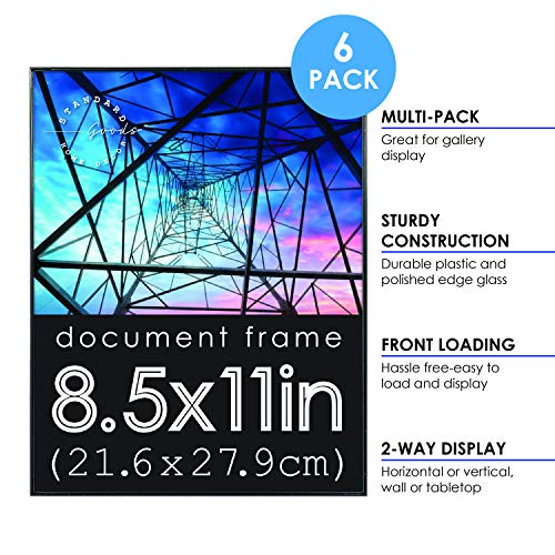 Standard Goods Home Décor 8.5x11 inch front loading document frame, 6-pack of Black for wall or table, horizontal or vertical display