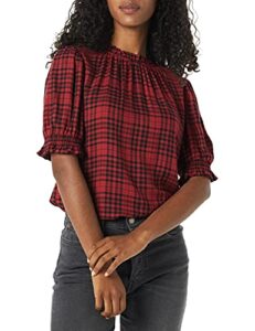 amazon essentials women's fluid twill short puff sleeve smock detail shirt, red/black, medium plaid, xx-large