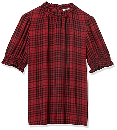 Amazon Essentials Women's Fluid Twill Short Puff Sleeve Smock Detail Shirt, Red/Black, Medium Plaid, XX-Large