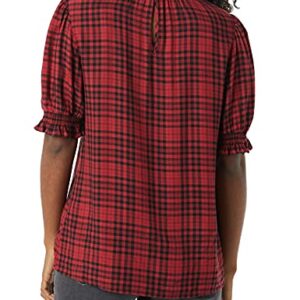 Amazon Essentials Women's Fluid Twill Short Puff Sleeve Smock Detail Shirt, Red/Black, Medium Plaid, XX-Large