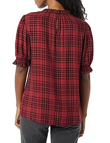 Amazon Essentials Women's Fluid Twill Short Puff Sleeve Smock Detail Shirt, Red/Black, Medium Plaid, XX-Large