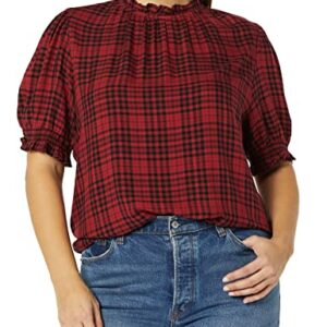 Amazon Essentials Women's Fluid Twill Short Puff Sleeve Smock Detail Shirt, Red/Black, Medium Plaid, XX-Large