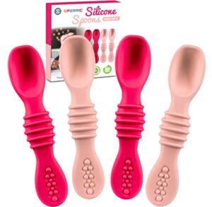 silicone baby spoons for baby led weaning 4-pack, first stage baby feeding spoon set gum friendly bpa lead phthalate and plastic free, great gift set (pink)