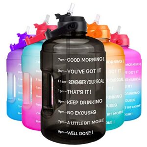 quifit 1 gallon water bottle - with straw & motivational time marker leak-proof bpa free reusable gym sports outdoor large(128oz) capacity water jug(black,1 gallon)