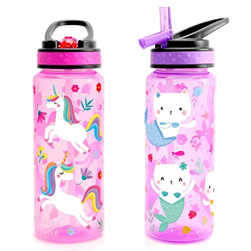 Home Tune 23oz Kids Water Drinking Bottle 2 Pack - BPA Free, Flip Straw Lid Cap, Lightweight, Carry Handle, Leak-Proof Water Bottle with Cute Design For Girls & Boys - Unicorn & Kitty Mermaid