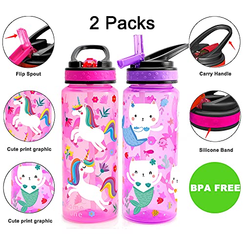 Home Tune 23oz Kids Water Drinking Bottle 2 Pack - BPA Free, Flip Straw Lid Cap, Lightweight, Carry Handle, Leak-Proof Water Bottle with Cute Design For Girls & Boys - Unicorn & Kitty Mermaid