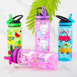 Home Tune 23oz Kids Water Drinking Bottle 2 Pack - BPA Free, Flip Straw Lid Cap, Lightweight, Carry Handle, Leak-Proof Water Bottle with Cute Design For Girls & Boys - Unicorn & Kitty Mermaid