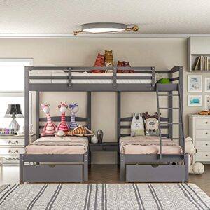 wood triple bunk bed,triple bunk bed, full over twin & twin bunk bed with drawers,frame with guardrails and ladder for kids, teens, adults, space-saving design (gray with drawers)