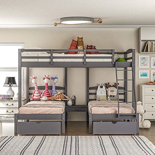 Wood Triple Bunk Bed,Triple Bunk Bed, Full Over Twin & Twin Bunk Bed with Drawers,Frame with Guardrails and Ladder for Kids, Teens, Adults, Space-Saving Design (Gray with Drawers)