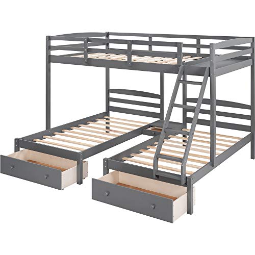 Wood Triple Bunk Bed,Triple Bunk Bed, Full Over Twin & Twin Bunk Bed with Drawers,Frame with Guardrails and Ladder for Kids, Teens, Adults, Space-Saving Design (Gray with Drawers)