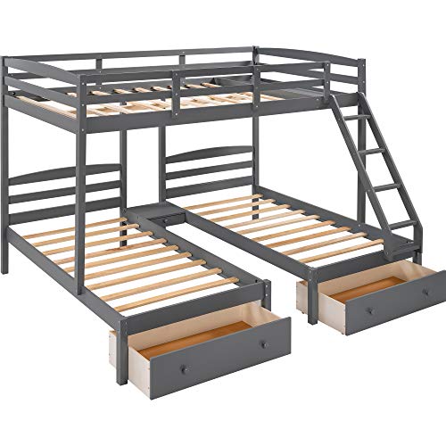 Wood Triple Bunk Bed,Triple Bunk Bed, Full Over Twin & Twin Bunk Bed with Drawers,Frame with Guardrails and Ladder for Kids, Teens, Adults, Space-Saving Design (Gray with Drawers)