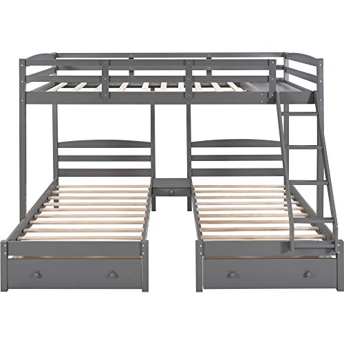 Wood Triple Bunk Bed,Triple Bunk Bed, Full Over Twin & Twin Bunk Bed with Drawers,Frame with Guardrails and Ladder for Kids, Teens, Adults, Space-Saving Design (Gray with Drawers)