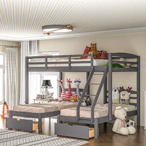 Wood Triple Bunk Bed,Triple Bunk Bed, Full Over Twin & Twin Bunk Bed with Drawers,Frame with Guardrails and Ladder for Kids, Teens, Adults, Space-Saving Design (Gray with Drawers)