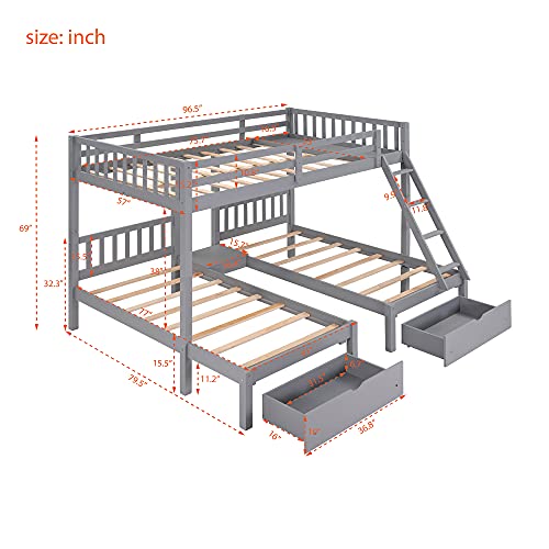 Wood Triple Bunk Bed,Triple Bunk Bed, Full Over Twin & Twin Bunk Bed with Drawers,Frame with Guardrails and Ladder for Kids, Teens, Adults, Space-Saving Design (Gray with Drawers)