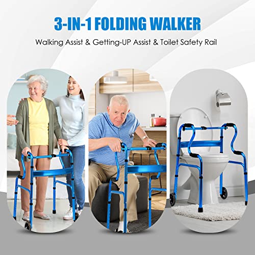 Goplus 3-in-1 Stand-Assist Folding Walker with 5" Wheels, Heavy Duty Walking Mobility Aid Supports up to 440lbs, Can be Used as Toilet Safety Rail, Narrow Drive Walkers for Seniors Elderly Adult