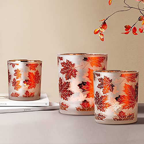 Fall Candle Holders Set of 3,Glass Tealight Votive Candle Holders with Maple Leaf Pattern,Ideal for Autumn Home Decor Party Table Centerpiece Thanksgiving Gift