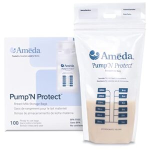 ameda pump'n protect breastmilk storage bag 6oz, 100pc, baby essentials, breastfeeding supplies, resealable breast milk storage bags for refrigerator or freezer, bpa free