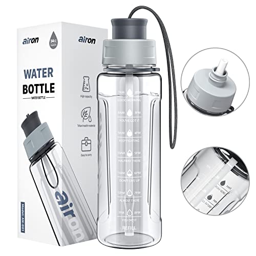 AIRON 34oz Sports Water Bottle - Leakproof & BPA Free Tritan with Time Marker & Removable Straw to Ensure You Drink Enough Water Throughout The Day for Fitness and Outdoor Sports Grey