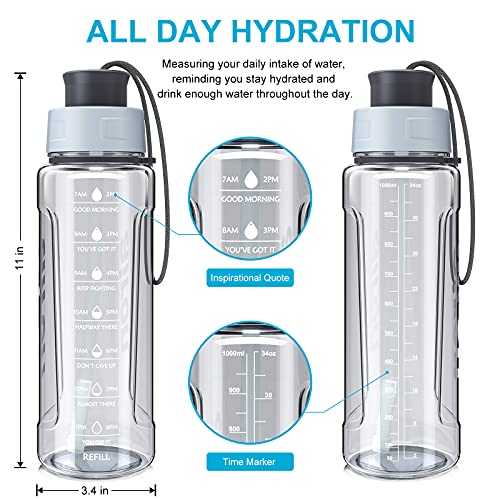 AIRON 34oz Sports Water Bottle - Leakproof & BPA Free Tritan with Time Marker & Removable Straw to Ensure You Drink Enough Water Throughout The Day for Fitness and Outdoor Sports Grey