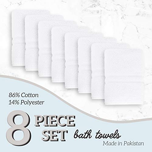 GREEN LIFESTYLE Luxury Bath Towel - White Large Bath Towels Pack for Spa, Gym, Bathroom, Hotel - 86% Cotton 14% Polyester -Super Soft, Thick and Absorbent 24 x 50 Bulk Bath Towel - (8-Pack)