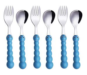 annova kids silverware 6 pcs set children's flatware - stainless steel cutlery - 3 x safe forks, 3 x dinner spoons - safe toddler utensils without knives for lunch box bpa free (caterpillar x 6 pcs)