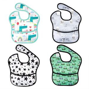 baby waterproof adjustable smock bib for feeding with crumb catcher pocket, sleeveless plastic eating weaning bib set for infants and toddlers (4 packs, 6-36 months)