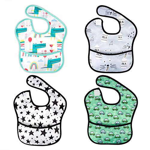 Baby Waterproof Adjustable Smock Bib for Feeding with Crumb Catcher Pocket, Sleeveless Plastic Eating Weaning Bib Set for Infants and Toddlers (4 Packs, 6-36 Months)