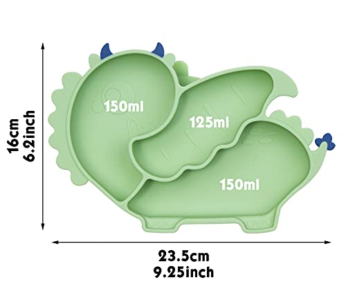 Linowos Silicone Suction Plate for Toddlers - Self Feeding Training Divided Plate Dish and Bowl for Baby and Toddler, Fits for Most Highchairs Trays (Green)