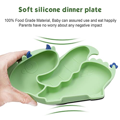 Linowos Silicone Suction Plate for Toddlers - Self Feeding Training Divided Plate Dish and Bowl for Baby and Toddler, Fits for Most Highchairs Trays (Green)