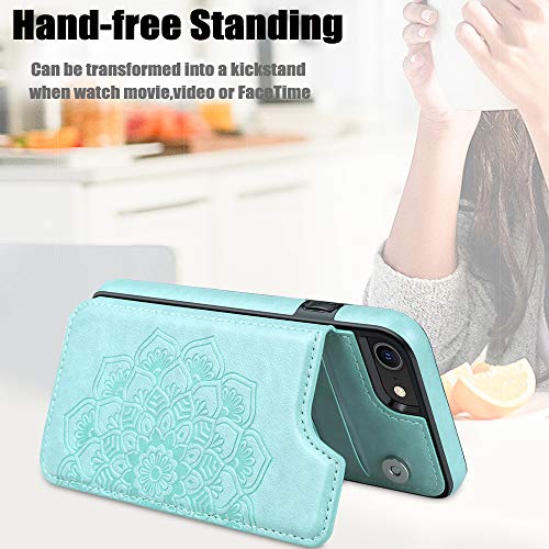 MMHUO for iPhone 7/8/SE 2020/SE 2022 Case with Card Holder,Flower Magnetic Back Flip Case for iPhone 7/8/SE 2020 Wallet Case for Women,Protective Case Phone Case for iPhone 7/8/SE 2020/SE 2022,Mint