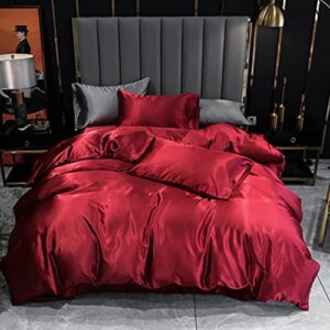 3 pieces silk like comforter cover set with zipper closure, microfiber luxury breathable ultra soft bedding duvet cover set, solid color modern quilt cover set,red,queen(90''x90'')