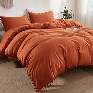 andency pom pom fringe duvet cover queen size (90x90 inch), 3 pieces (1 solid orange duvet cover, 2 pillowcases) soft washed microfiber duvet cover set with zipper closure, corner ties