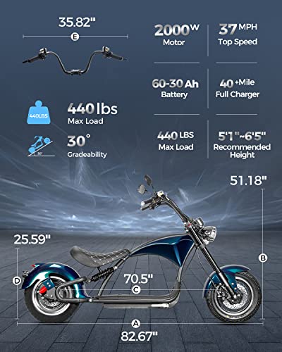 Eahora DOT Approved M1P 37Mph 2000W Electric Motorcycle for Adults, 60V 30ah Lithium Battery 40Miles Electric Scooter, 12in Vacuum Tires Full Suspension for Urban Commuting, 1-2 Person