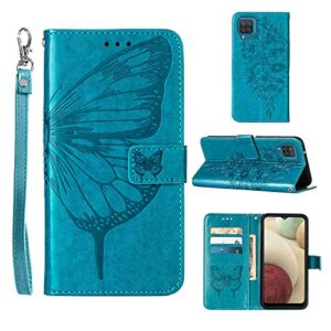 a12 phone case wallet,for galaxy a12 case,[kickstand][wrist strap][card holder slots] butterfly floral embossed pu leather flip protective cover for samsung a12 case (blue)