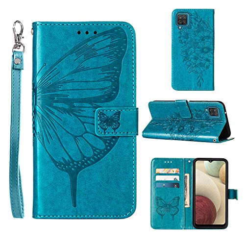 A12 Phone Case Wallet,for Galaxy A12 Case,[Kickstand][Wrist Strap][Card Holder Slots] Butterfly Floral Embossed PU Leather Flip Protective Cover for Samsung A12 Case (Blue)