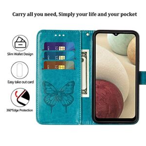 A12 Phone Case Wallet,for Galaxy A12 Case,[Kickstand][Wrist Strap][Card Holder Slots] Butterfly Floral Embossed PU Leather Flip Protective Cover for Samsung A12 Case (Blue)