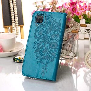 A12 Phone Case Wallet,for Galaxy A12 Case,[Kickstand][Wrist Strap][Card Holder Slots] Butterfly Floral Embossed PU Leather Flip Protective Cover for Samsung A12 Case (Blue)